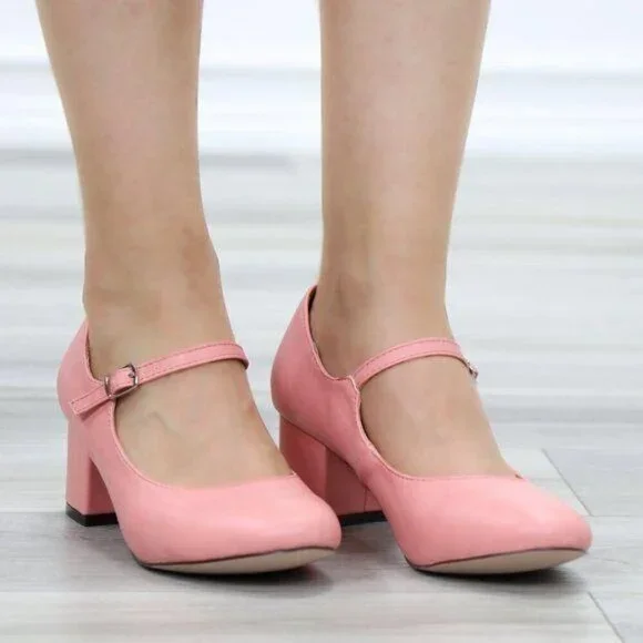 Peach Mary Jane Block Heel Rounded Toe Strap Buckle Retro Chic - Picture 6 of 10